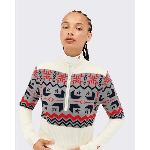 Perfect Moment Sweaters - RTR Perfect Moment Size XL Cream Red Nordic Wool Half Zip Pullover Ski Sweater